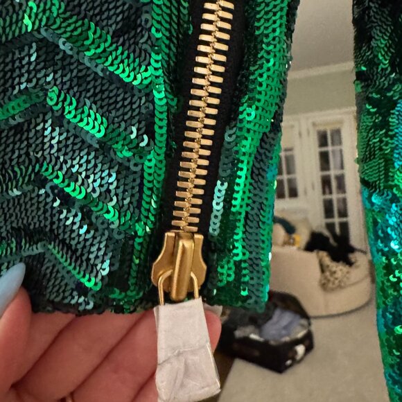 Balmain × H&M 2015 Runway Emerald Green Sequin Zipper Plunge Dress Size 2 NWT - Picture 11 of 14